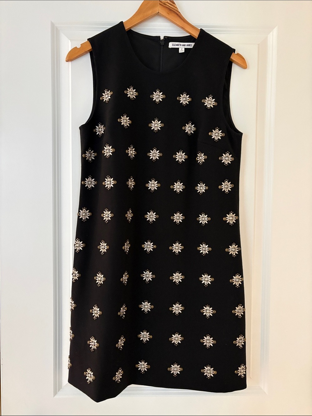 Elizabeth and James Black Sleeveless Shift Dress with Silver-Tone Embellishments